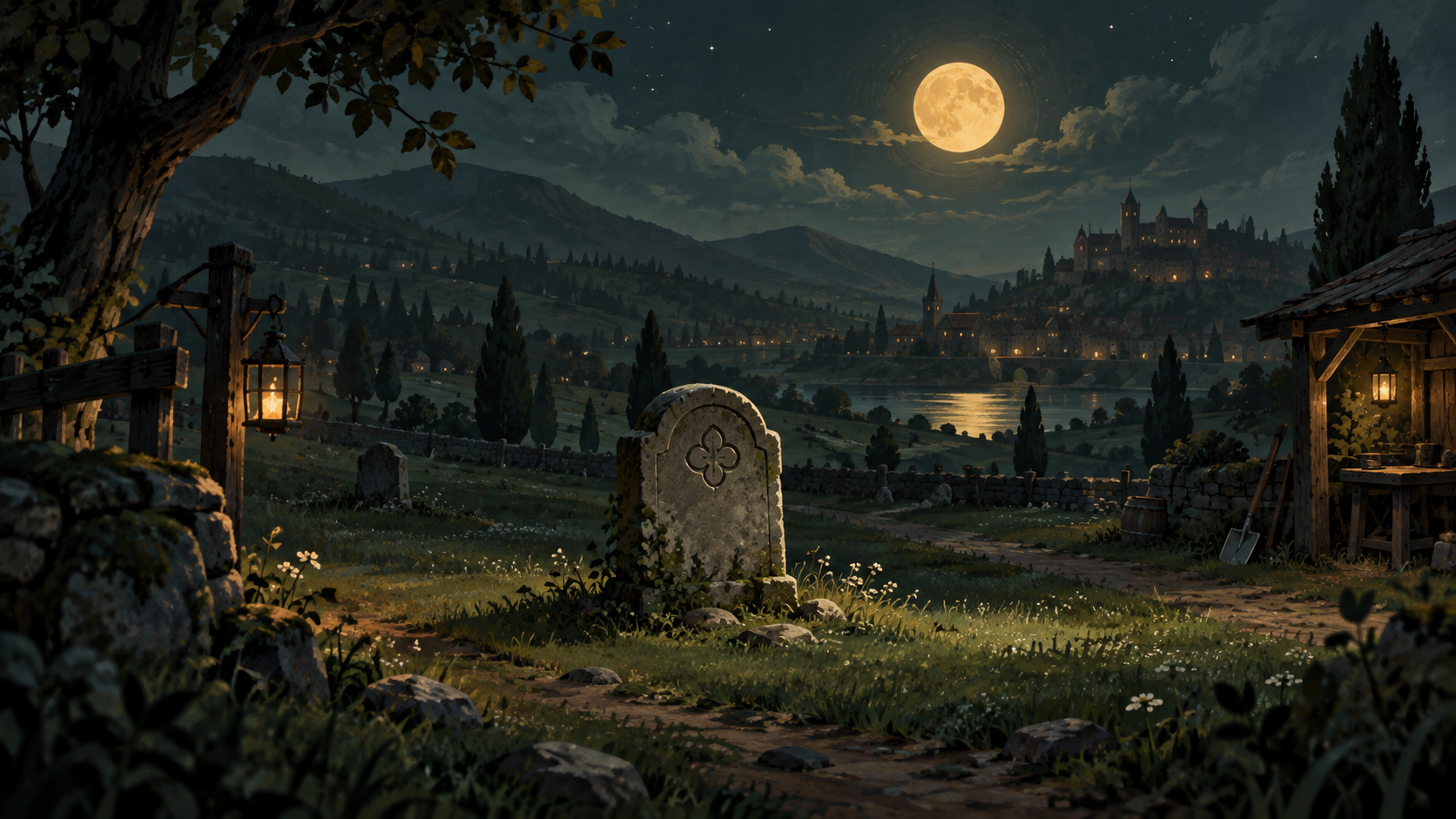 Original moonlit graveyard illustration for this fan wiki